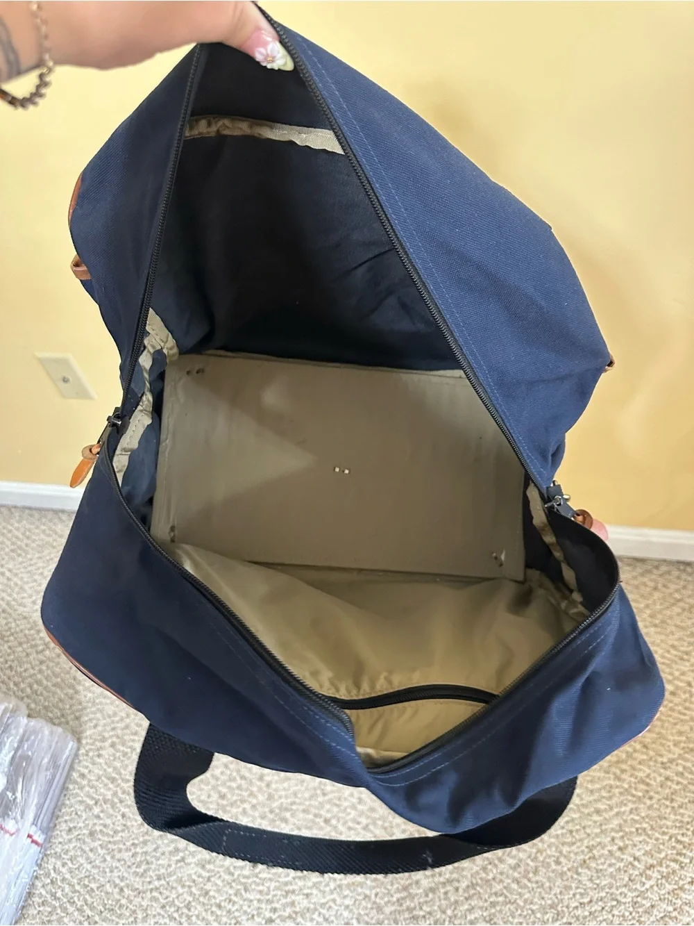 L.L. Bean VTG Large Deluxe Duffle Bag Canvas Leather Navy Blue